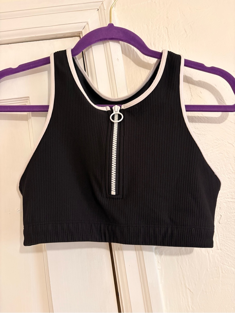 Athleta Black Ribbed Zip-Front Crop Tank with White Trim